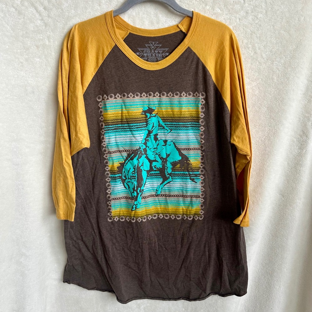 Crazy Train Western Raglan Cowboy Horse Graphic Tee Brown Mustard Sz XL Boho